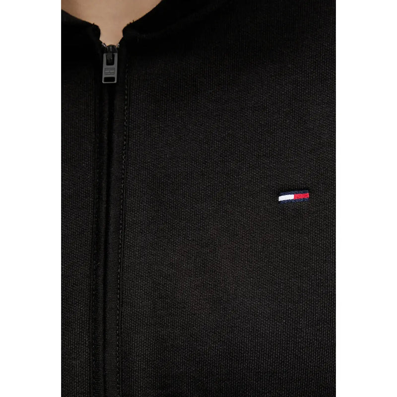 Tommy Hilfiger women’s black hooded zip sweatshirt with subtle textured knit and embroidered flag logo on the chest