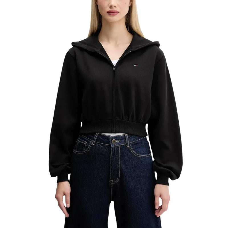 Tommy Hilfiger Schwarzer, kurzer Damen-Hoodie mit Reißverschluss und elastischen Bündchen