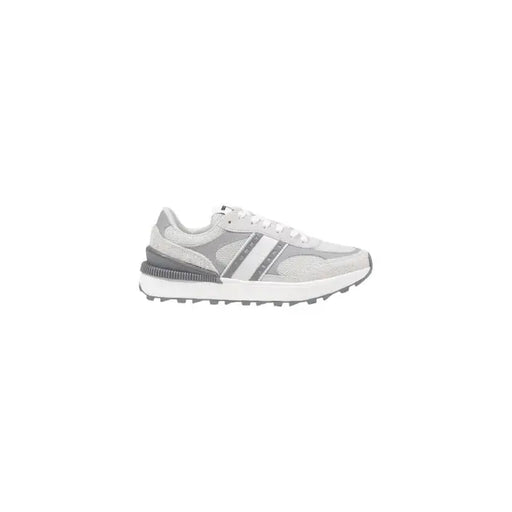 Tommy Hilfiger Women’s Grey Leather Sneakers featuring a stylish gray and white design