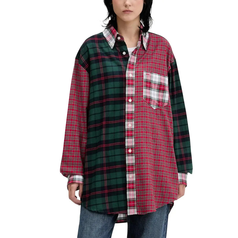 Tommy Hilfiger women’s red and green plaid cotton button-up shirt with contrasting white pocket