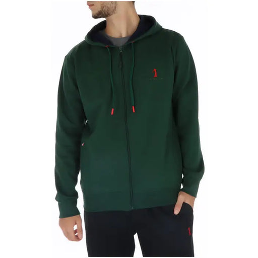 Dark green zip-up hoodie with red logo from U.S. Golf Club for men’s comfort and style