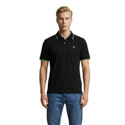 Schwarzes US Polo Assn. Herren-Poloshirt in klassischer Passform aus Baumwolle mit neongrünem Besatz und gesticktem Logo, Größe L