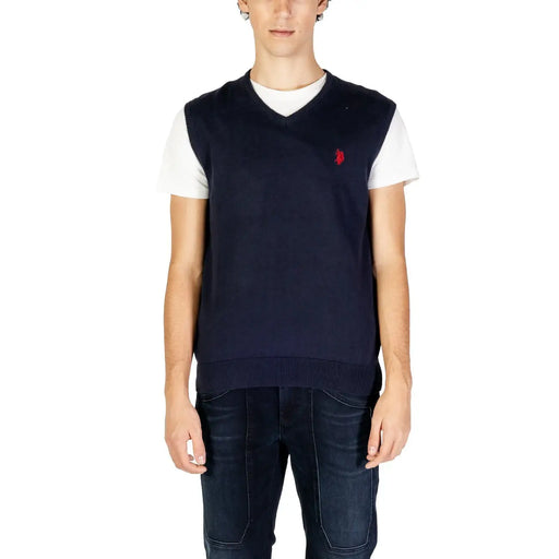 Navy blue polo sweater vest with white trim and red logo, u.s.