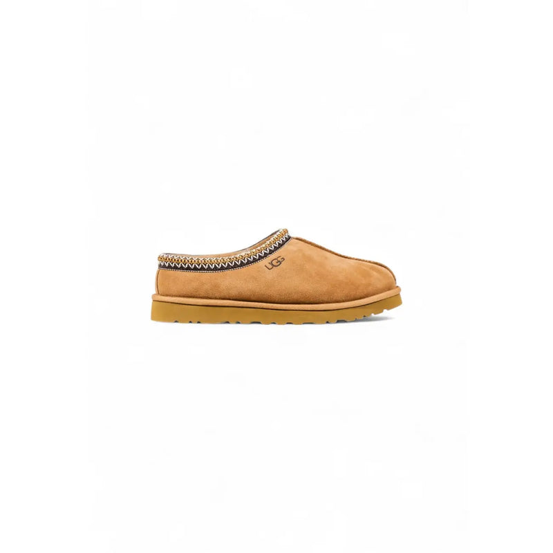 Beigefarbene Ugg-Slipper aus Wildleder mit runder Zehenpartie und geflochtenem Besatz