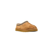 Beigefarbene UGG-Damenpantoffeln aus Wildleder mit runder Zehenpartie, geflochtenem Besatz und Gummisohle für Herbst und Winter