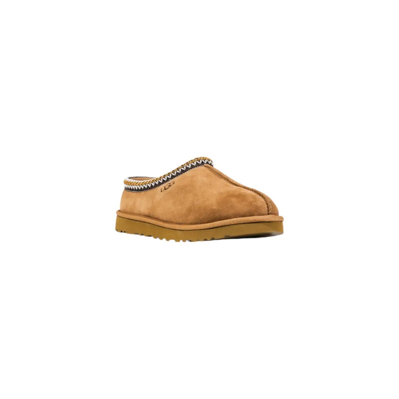Beigefarbene UGG-Damenpantoffeln aus Wildleder mit runder Zehenpartie, geflochtenem Besatz und Gummisohle für Herbst und Winter