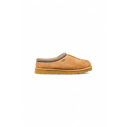 Ugg Damen-Slipper aus beigefarbenem Wildleder mit runder Zehenpartie, hellbraunem Wildleder-Schlupffutter und dekorativem Zickzackstich für Herbst und Winter