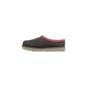 Ugg Damen-Lederpantoletten aus dunkelgrauem Wildleder mit leuchtend pinkfarbenem Webbesatz, graue Tasman II Hausschuhe