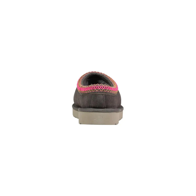Ugg Damen-Slipper Tasman II aus dunkelgrauem Wildleder mit leuchtend pink-orangefarbenem Strickbesatz, zum Hineinschlüpfen