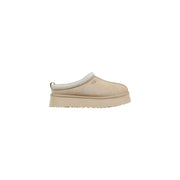 Beige UGG Damen-Plateau-Slipper aus Leder mit Wildleder-Obermaterial und weißem Zickzack-Besatz für den Frühling