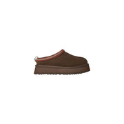 Ugg Damen-Plateau-Slipper aus Leder in Beige mit braunem Wildleder-Einsatz und rot-beigem Webbesatz an der Öffnung