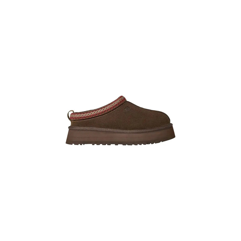 Ugg Damen-Plateau-Slipper aus Leder in Beige mit braunem Wildleder-Einsatz und rot-beigem Webbesatz an der Öffnung