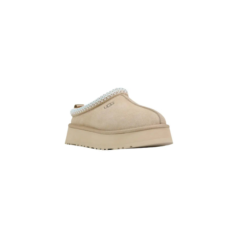 Beige UGG Damen-Plateau-Slipper aus Leder mit Obermaterial aus Wildleder und weißem Flechtbesatz für den Frühling