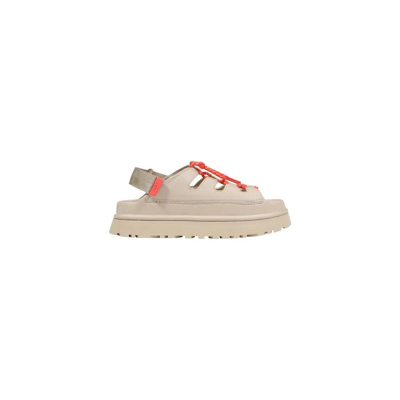 Beige UGG-Plateausandalen für Damen mit roten Schnürsenkeln und grauem Riemen aus Polyurethan, geeignet für den Frühling.