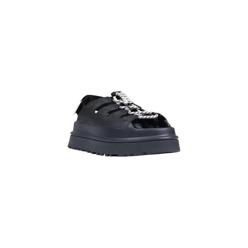Schwarze Ugg Damen-Plateausandalen aus Polyurethan mit klobiger Sohle und dekorativen silberfarbenen Schnürsenkeln