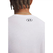 Under armour Weißes Herren-Langarmshirt aus Baumwolle, das die Rückseite mit einem schwarzen Logo zeigt