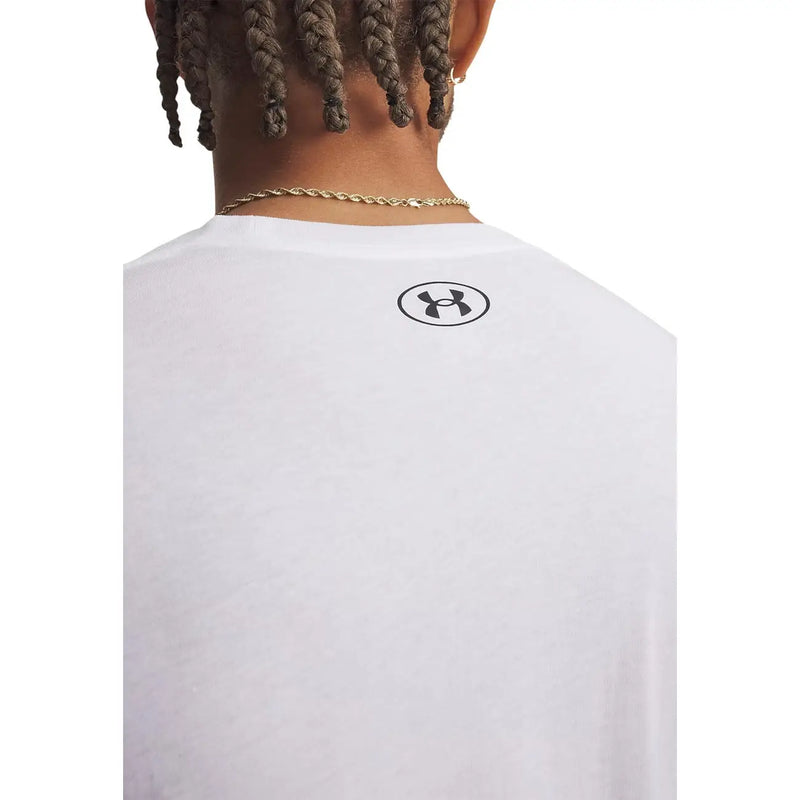 Under armour Weißes Herren-Langarmshirt aus Baumwolle, das die Rückseite mit einem schwarzen Logo zeigt