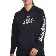 Under Armour women’s black hooded sweatshirt premium cotton with white cursive branding on chest and left sleeve