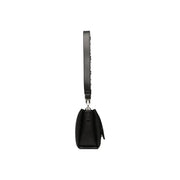 Schwarze Valentino-Umhängetasche aus Leder mit minimalistischem Design und silberfarbenen Beschlägen aus Polyurethan, 19 cm breit, im Satchel-Stil.