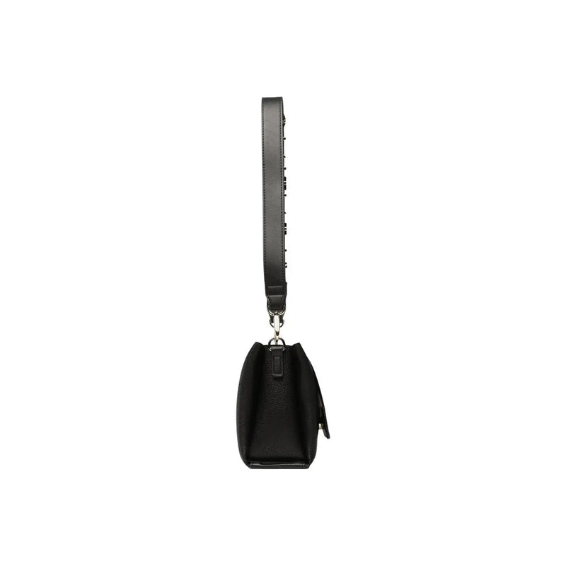 Schwarze Valentino-Umhängetasche aus Leder mit minimalistischem Design und silberfarbenen Beschlägen aus Polyurethan, 19 cm breit, im Satchel-Stil.