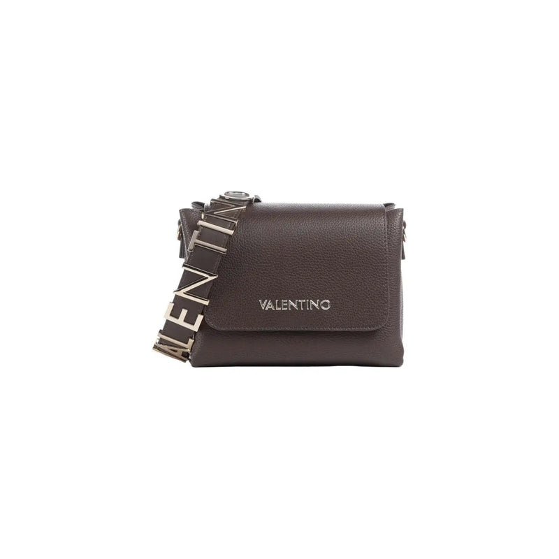 Braune Valentino-Umhängetasche aus Leder mit silberfarbenem Schriftzug und passendem Riemen für Damen, Polyurethan, B 19 cm