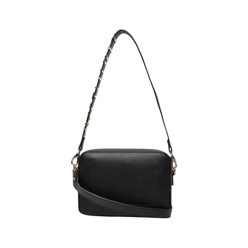 Schwarze Valentino-Umhängetasche für Damen mit genarbter Lederstruktur und goldfarbenen Beschlägen, 23 cm breit