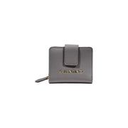 Graue, strukturierte Ledergeldbörse von Valentino mit goldfarbenem Logo und Reißverschlussanhänger für Damen, schwarze Polyurethan-Handtasche, 23 cm breit
