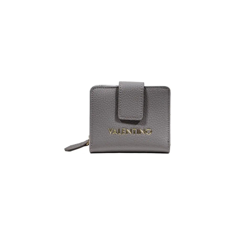 Graue, strukturierte Ledergeldbörse von Valentino mit goldfarbenem Logo und Reißverschlussanhänger für Damen, schwarze Polyurethan-Handtasche, 23 cm breit