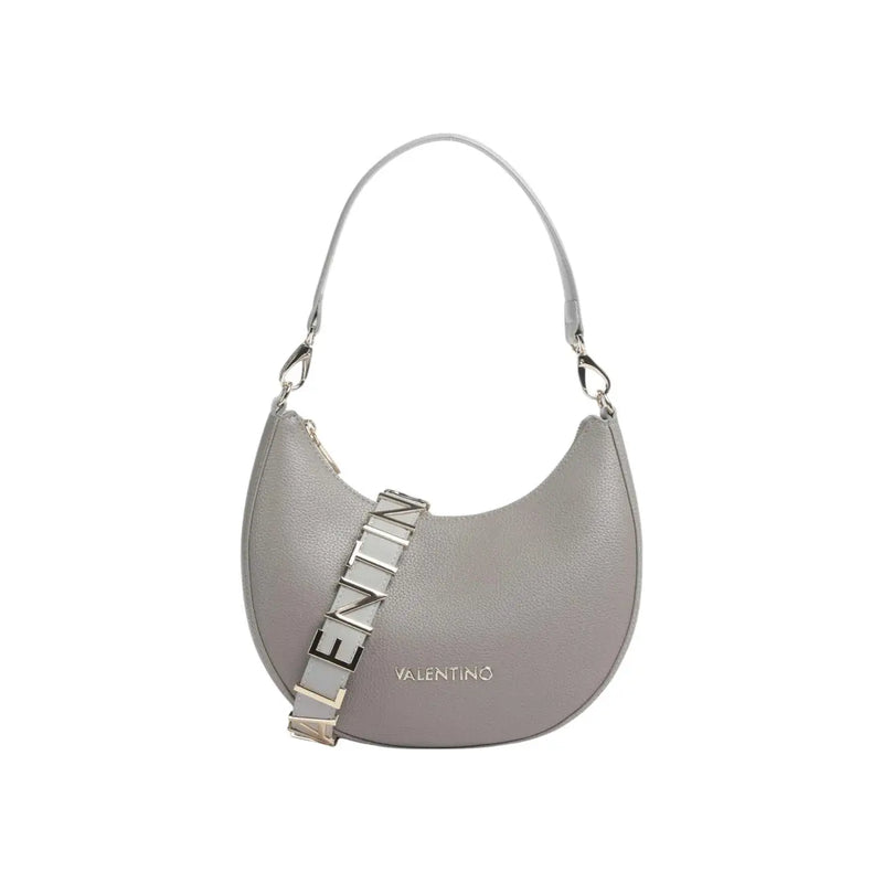 Graue Lederhandtasche von Valentino mit silberfarbenem Logoriemen und geprägtem Markennamen, geeignet für Damen