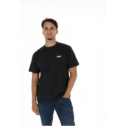 Schwarzes Vans Herren-T-Shirt aus Baumwolle mit Rundhalsausschnitt, kurzen Ärmeln und kleinem weißen Logo auf der linken Brust.