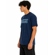 Marineblaues Vans Herren-Baumwoll-T-Shirt mit kurzen Ärmeln und hellblauem Logo auf der Brust und Rundhalsausschnitt