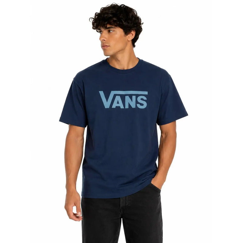 Marineblaues Vans Herren-T-Shirt aus Baumwolle mit kurzen Ärmeln, Rundhalsausschnitt und hellblauem Logo auf der Vorderseite