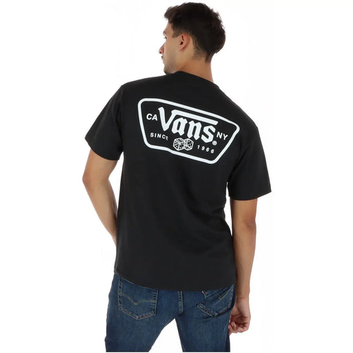 Schwarzes Vans Herren-T-Shirt aus Baumwolle mit Rundhalsausschnitt und weißem rechteckigem Logo mit dem Aufdruck „ca vans ny since 1966“ und Würfelgrafik