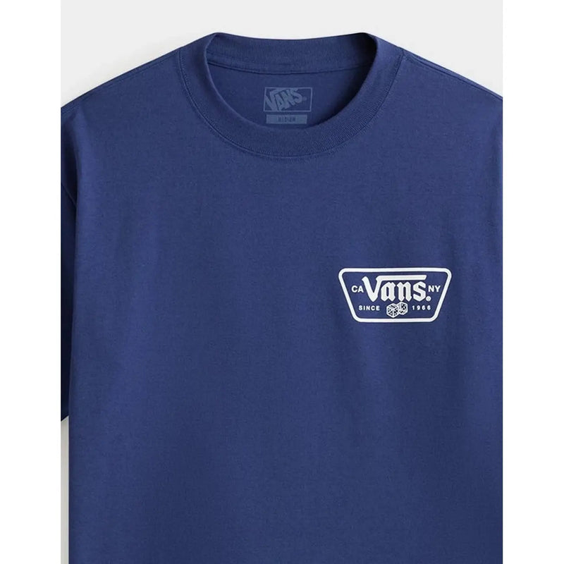Marineblaues Vans Herren-Baumwoll-T-Shirt mit weißem rechteckigem Logo und Würfelgrafik mit dem Aufdruck „ca vans ny since 1986“.