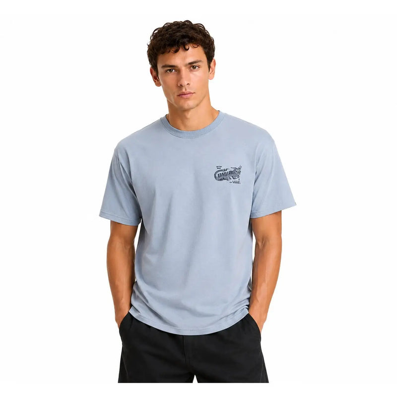 Vans Herren-Baumwoll-T-Shirt, hellblau, Kurzarm, mit kleinem, dunklem Grafikprint auf der linken Brust und Rundhalsausschnitt