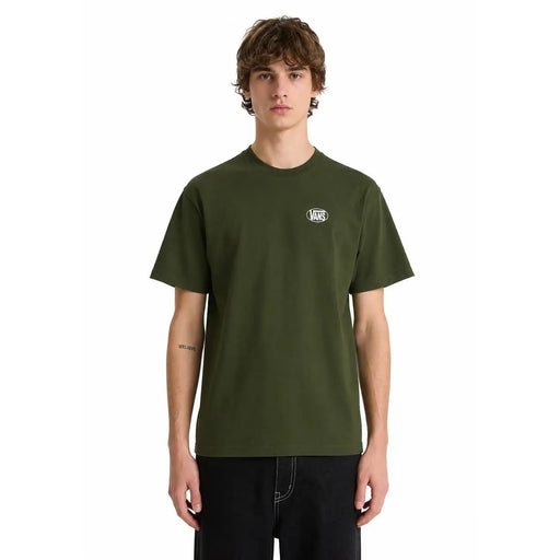 Olivgrünes Vans Herren-T-Shirt aus Baumwolle mit Rundhalsausschnitt, kurzen Ärmeln und weißem ovalem Logo auf der Brust