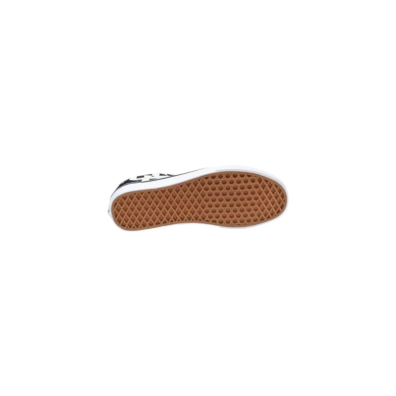 Black and white vans men sneakers in fabric with tan rubber waffle sole viewed from the back side