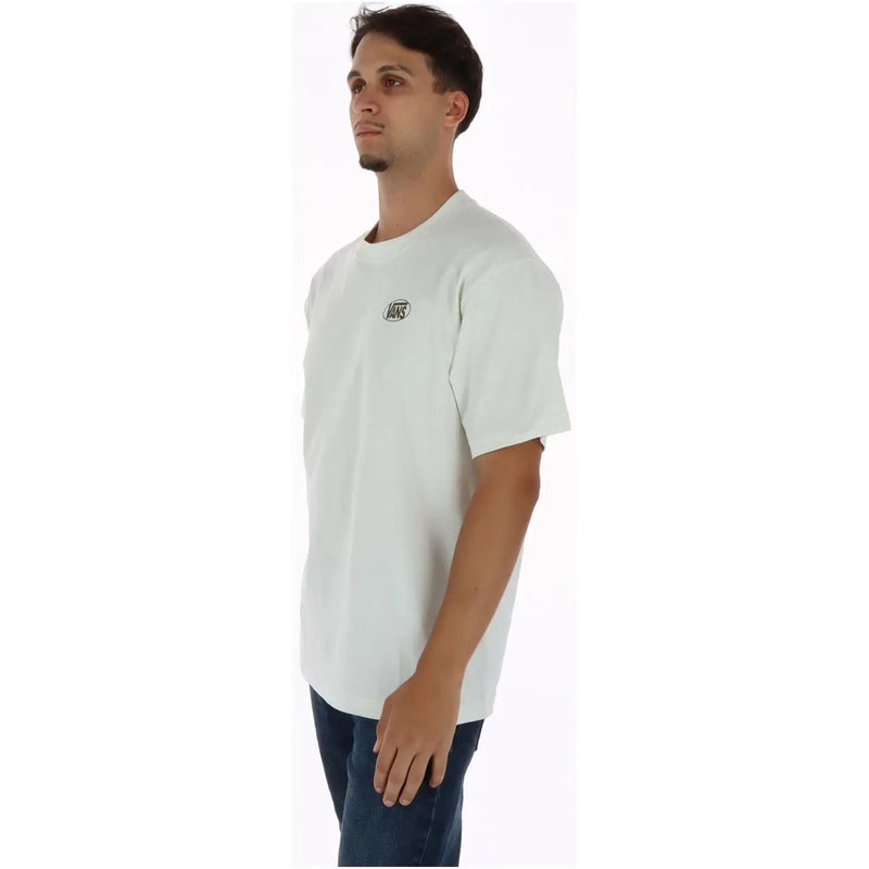 Weißes Vans Herren-T-Shirt aus Baumwolle mit Rundhalsausschnitt und kurzen Ärmeln sowie kleinem schwarzen Logo auf der linken Brust.