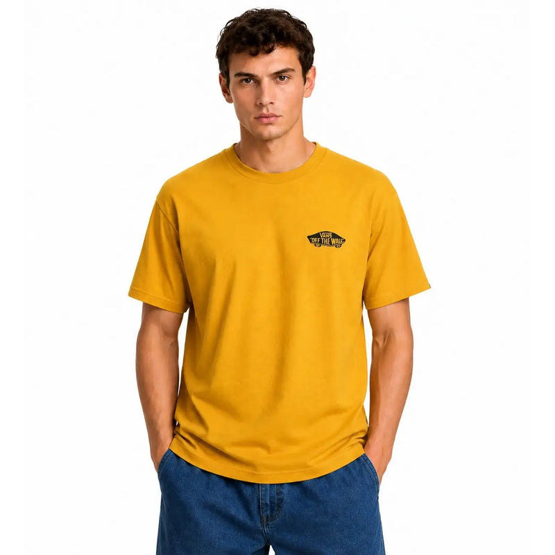 gelbes Vans Herren-T-Shirt aus Baumwolle mit Rundhalsausschnitt und senfgelbem Vans-„Off the Wall“-Logo-Design