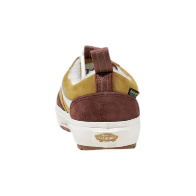 Vans Damen-Sneaker aus kamelfarbenem Leder im Old-Skool-Design mit braunem und senfgelbem Wildleder und weißer Gummisohle