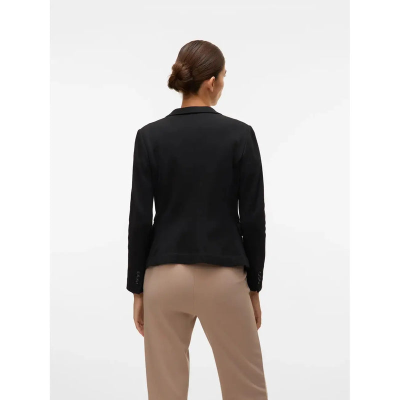 Vero moda Schwarzer Damenblazer aus Baumwolle mit V-Ausschnitt und langen Ärmeln, hier von der strukturierten Rückseite gezeigt
