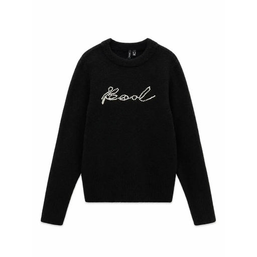Vero moda Schwarzer Damen-Strickpullover mit Rundhalsausschnitt und funkelndem Kool-Logo, gestickt mit weißen Strasssteinen