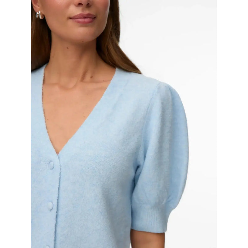 Hellblau Vero Moda Damen-Strickjacke mit Puffärmeln und V-Ausschnitt aus Polyesterstrick für stilvolle Freizeitkleidung