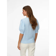 Vero Moda Damen hellblauer Strickpullover top mit Puffärmeln und rundem Halsausschnitt aus weichem Polyestergewebe