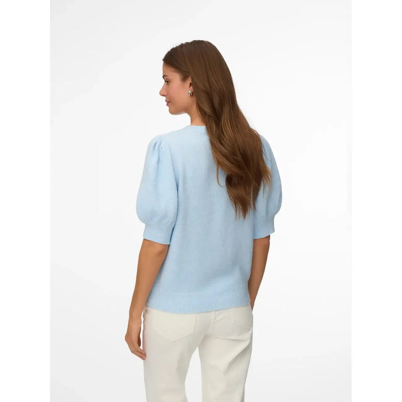 Vero Moda Damen hellblauer Strickpullover top mit Puffärmeln und rundem Halsausschnitt aus weichem Polyestergewebe