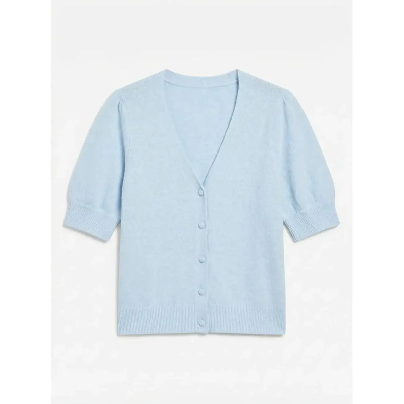 Hellblaue, kurzärmelige Strickjacke mit V-Ausschnitt und Knopfverschluss aus Polyester von Vero Moda Frauen
