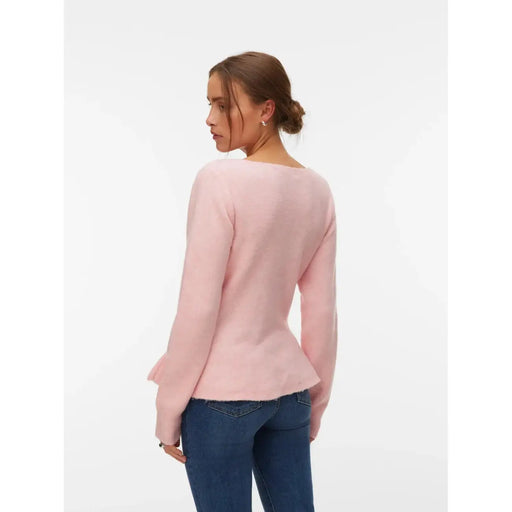 Vero moda Damen-Strickpullover aus Polyester in Rosa mit Rundhalsausschnitt, Schößchensaum, ausgestellten Bündchen und langen Ärmeln aus weichem Stoff