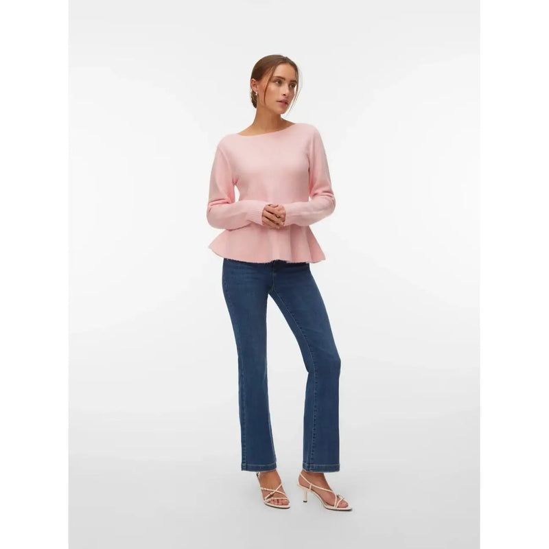 Vero Moda Damen-Strickpullover in Rosa mit Rundhalsausschnitt, weichem Polyester, langem Schößchen und langen Ärmeln