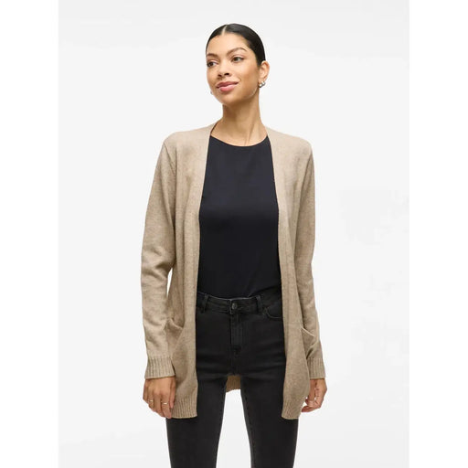 Beigefarbene, offene Strickjacke von Vila mit dezent strukturiertem Strickmuster, gerippten Bündchen, Viskosemischung und Taschen für Damen