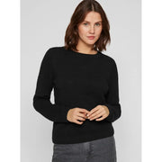 Schwarzer, gerippter Baumwollstrickpullover für Damen von Vila mit Rundhalsausschnitt und langen Ärmeln